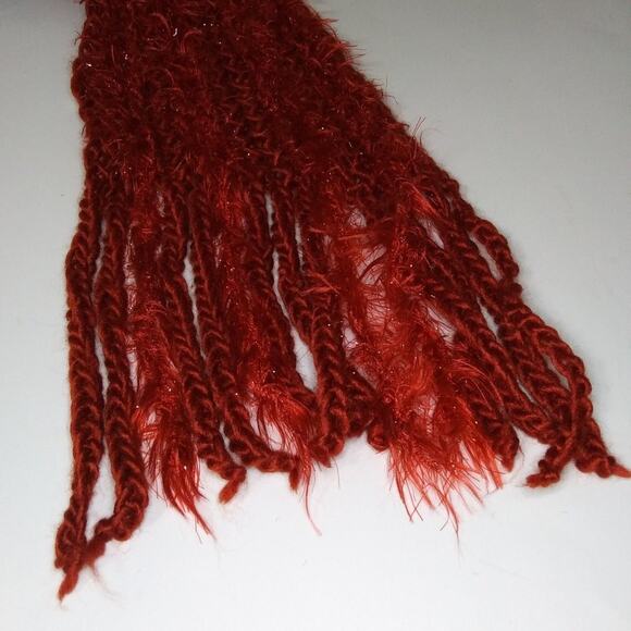 Glittery Winter Beanie Hat and Oblong Scarf Set Fringe Trim Faux Fur Rust Color - Picture 5 of 8